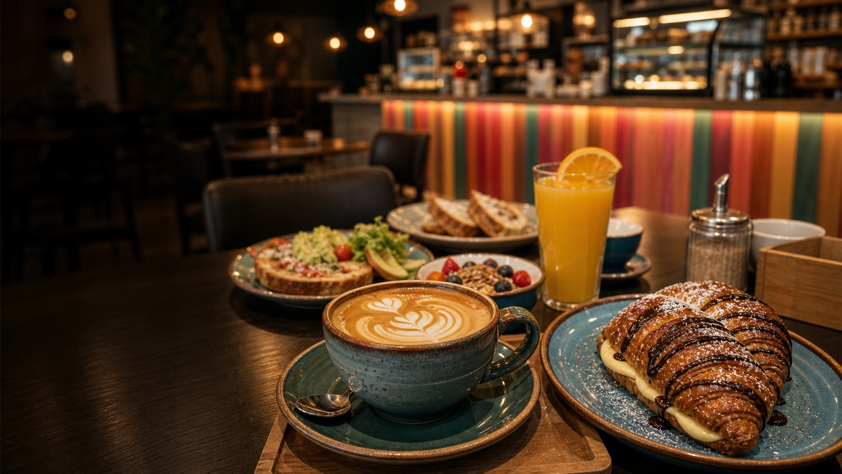 Mesa de brunch con cafés, tostadas, zumos y dulces en Macchiato Coffee Shop